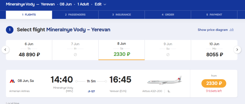 Direct flight from Mineralnye Vody to Yerevan for 2,300 rubles (June 8)