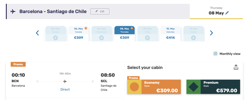 Direct flights between Spain and the USA from 99 euros/direct flights from Spain to Chile and Argentina from 309 euros (ouch!)