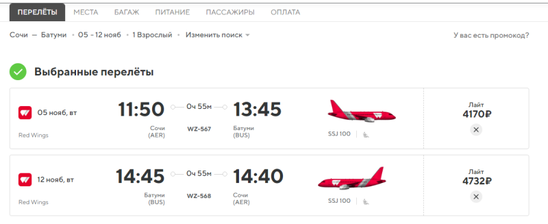 Direct flights from Sochi to Batumi for 4,200 rubles in one horse and for 8,900 rubles in both (November-December)