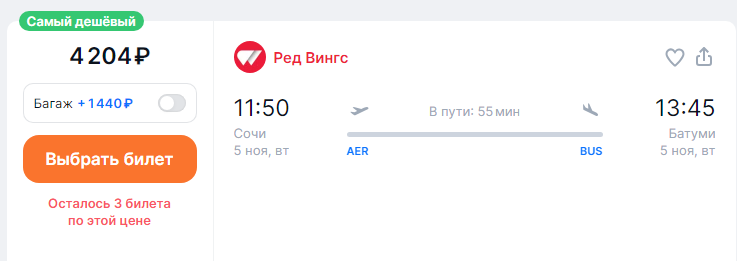 Direct flights from Sochi to Batumi for 4,200 rubles in one horse and for 8,900 rubles in both (November-December)