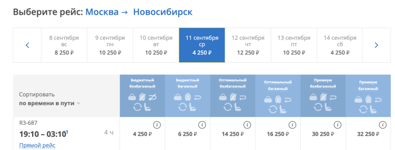 Norms: direct flights from Moscow to Novosibirsk in September for 4250 rubles