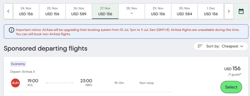 Semi-finished product of the day: direct flights between Kenya and Malaysia from 12,800 rubles (dates one and a half years in advance)