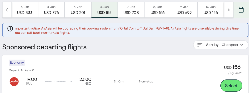 Semi-finished product of the day: direct flights between Kenya and Malaysia from 12,800 rubles (dates one and a half years in advance)